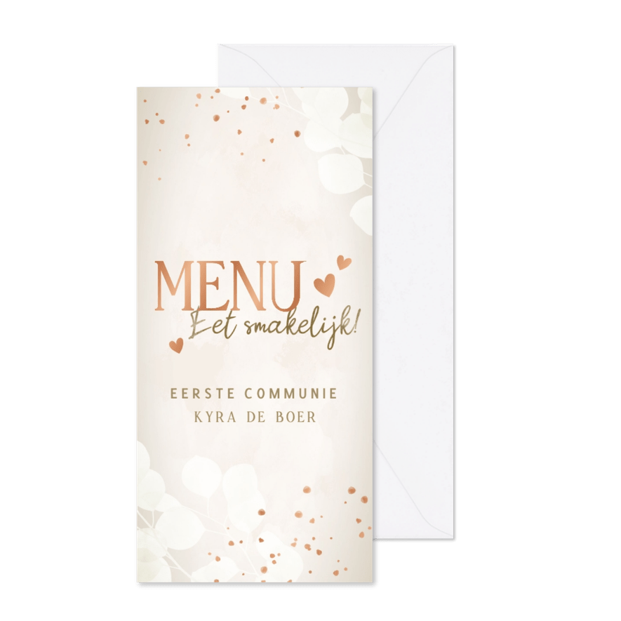 Communie menukkaart eucalyptus koper spetters en hartjes - Kaartimpressie