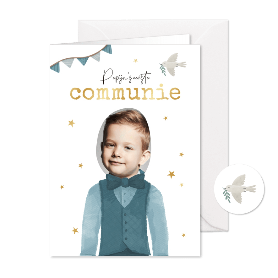 Communie outfit illustratie uitnodiging jongen kerk foto - Kaartimpressie