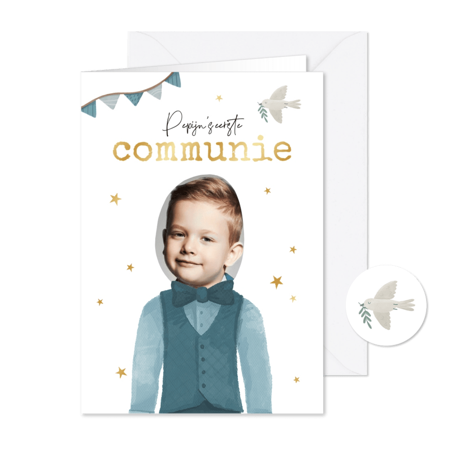 Communie outfit illustratie uitnodiging jongen kerk foto - Kaartimpressie