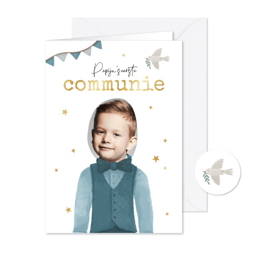 Communie outfit illustratie uitnodiging jongen kerk foto - Kaartimpressie