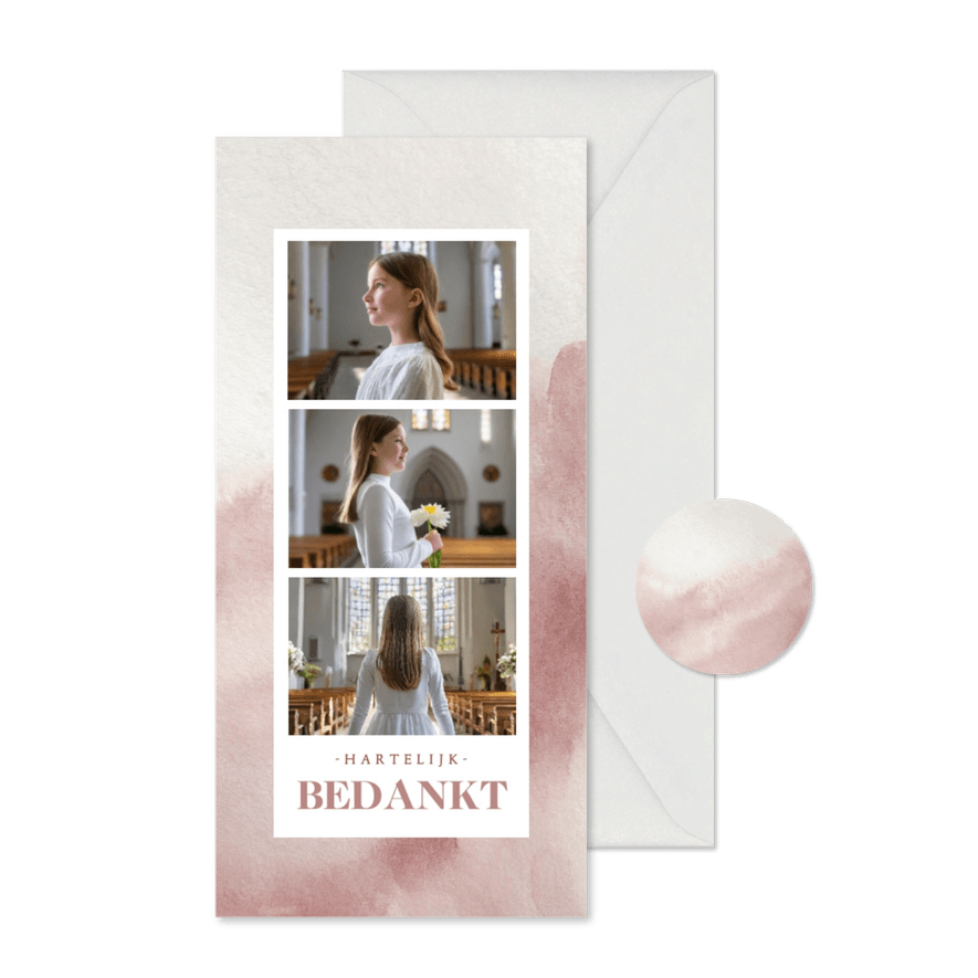 Communie roze bedankkaartje met fotocollage op waterverf - Kaartimpressie