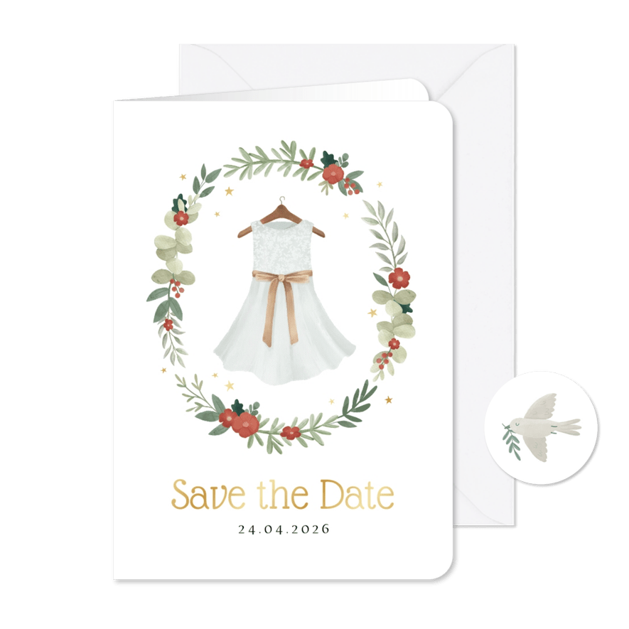 Communie save the date jurkje bloemen krans sterren goud - Kaartimpressie