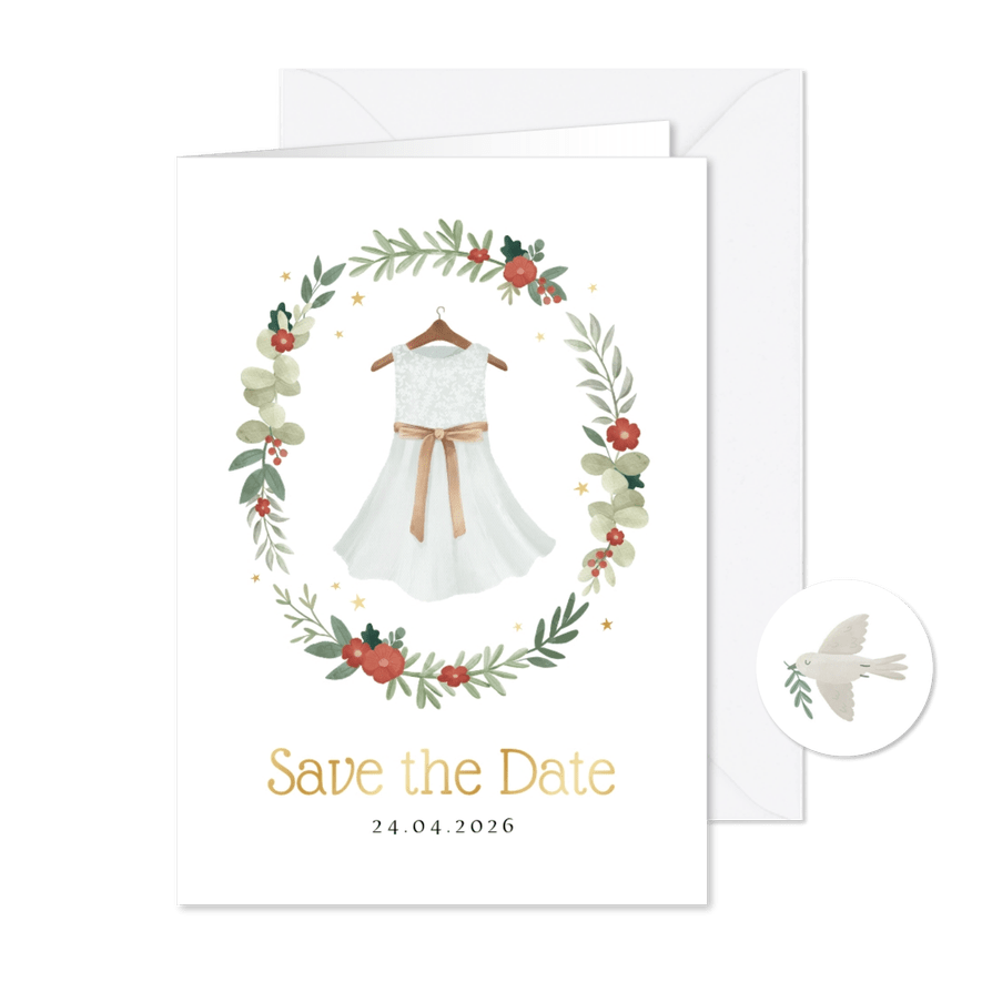 Communie save the date jurkje bloemen krans sterren goud - Kaartimpressie