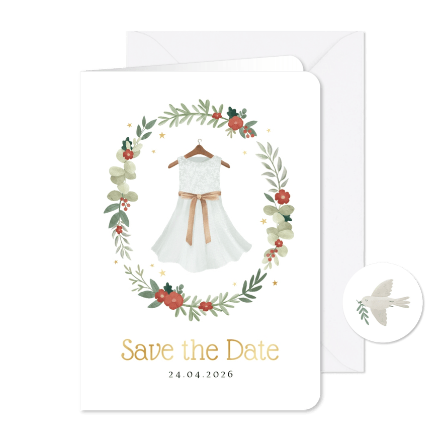 Communie save the date jurkje bloemen krans sterren goud - Kaartimpressie