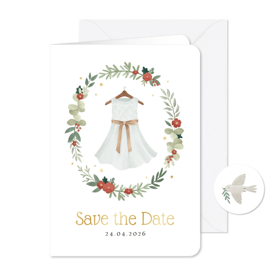 Communie save the date jurkje bloemen krans sterren goud - Kaartimpressie
