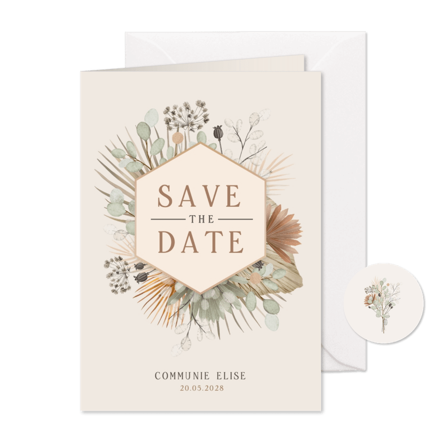 Communie Save the Date kaart met droogbloemen illustratie - Kaartimpressie