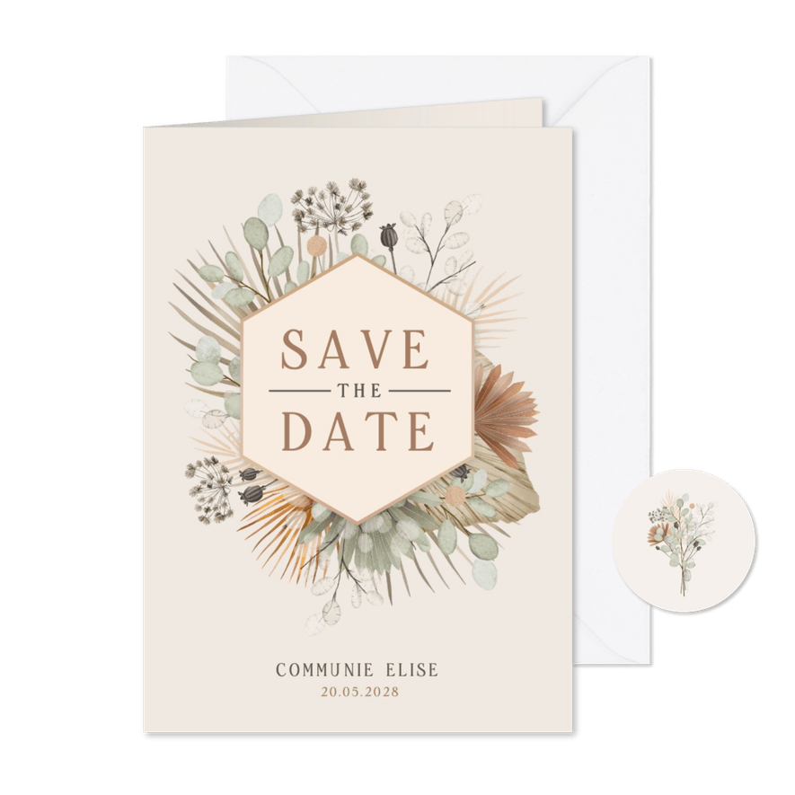 Communie Save the Date kaart met droogbloemen illustratie - Kaartimpressie