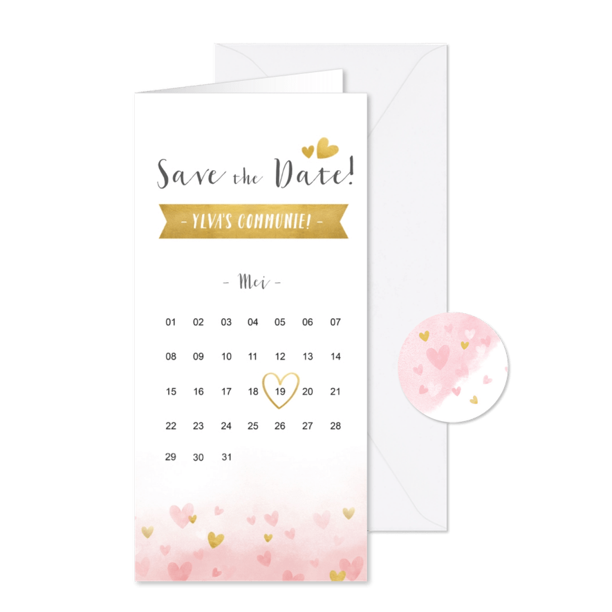 Communie Save the Date kaart met gouden en roze hartjes - Kaartimpressie