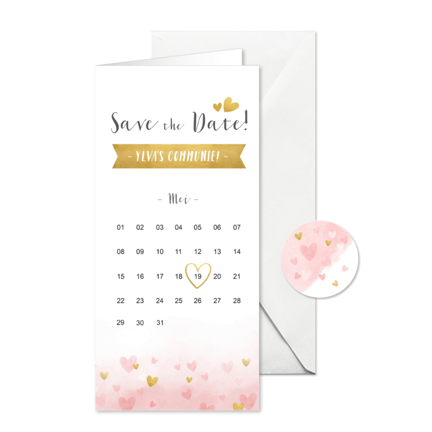 Communie Save the Date kaart met gouden en roze hartjes  - Kaartimpressie