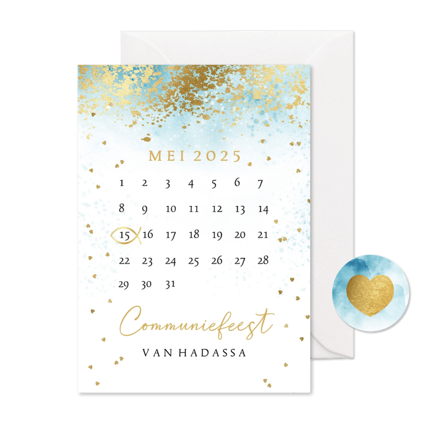 Communie save the date kaart waterverf kalender goud - Kaartimpressie