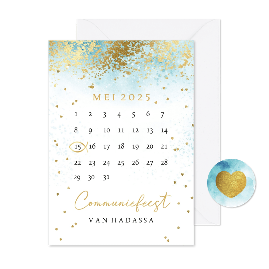 Communie save the date kaart waterverf kalender goud - Kaartimpressie