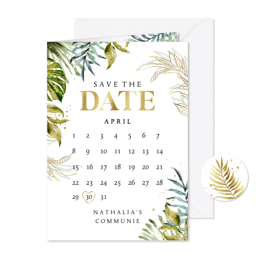 Communie save the date kalender botanisch watercolour goud - Kaartimpressie