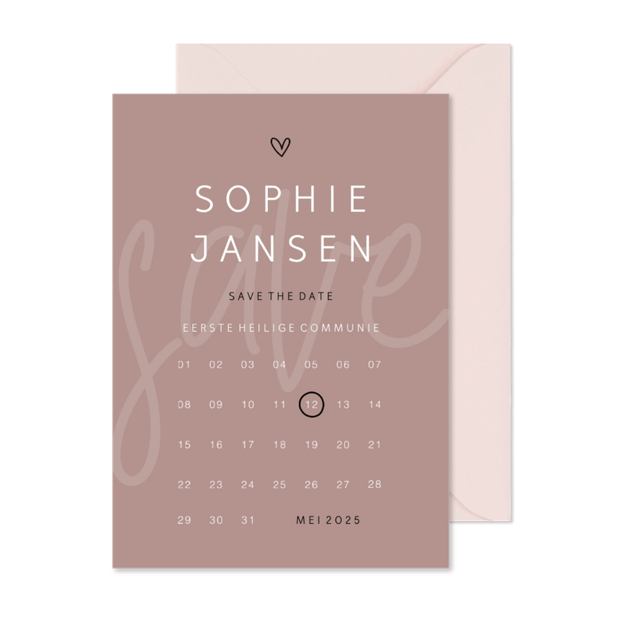 Communie save the date minimalistisch met hartje kalender - Kaartimpressie