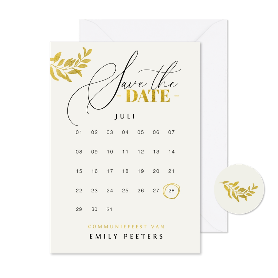 Communie save the date uitnodiging meisje goud bladeren verf - Kaartimpressie