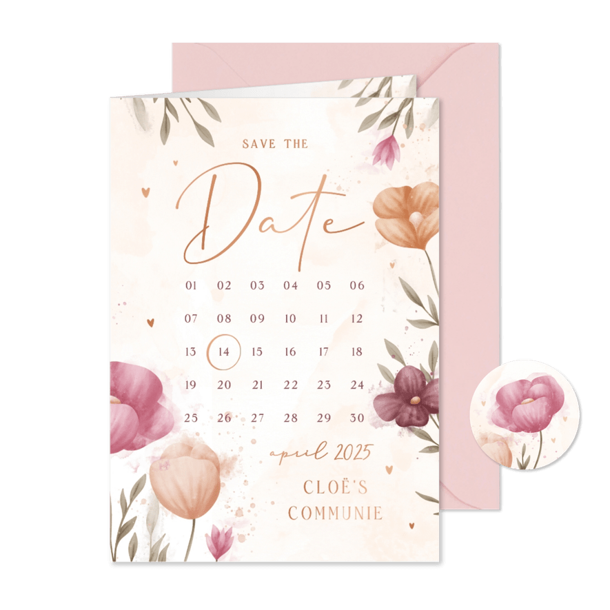 Communie save the date waterverf bloemen met koperen hartjes - Kaartimpressie