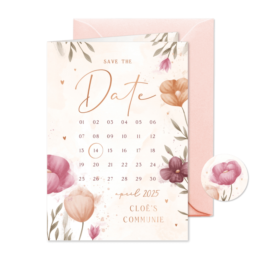 Communie save the date waterverf bloemen met koperen hartjes - Kaartimpressie