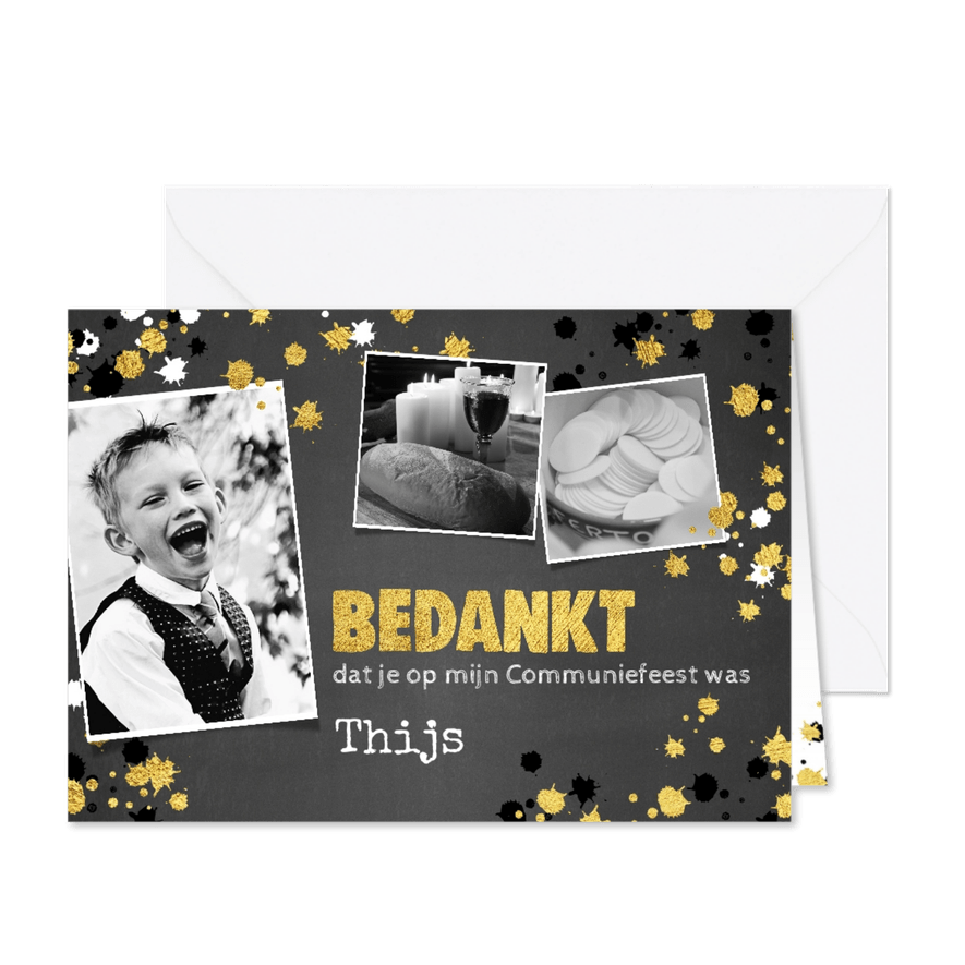 Communie stoere bedank kaart krijtbord en spetters - Kaartimpressie