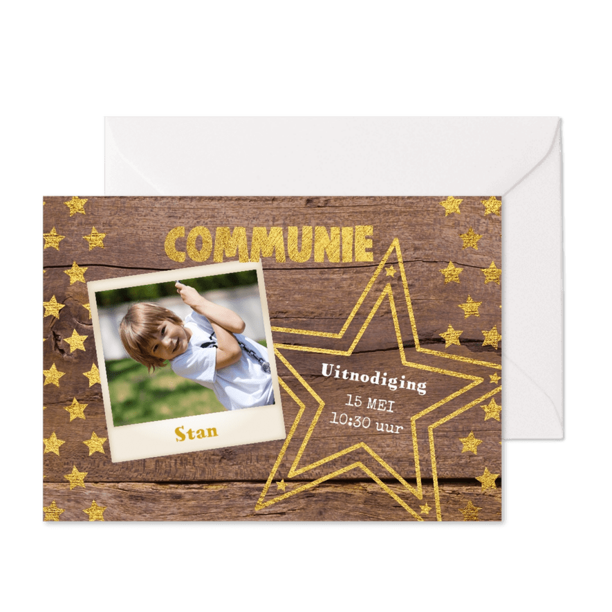 Communie stoere foto kaart hout en sterren - Kaartimpressie