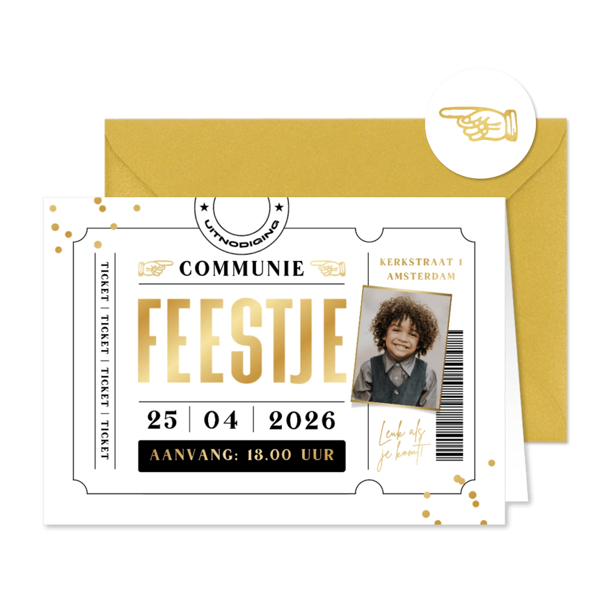 Communie ticket stoer confetti goud foto feestje - Kaartimpressie