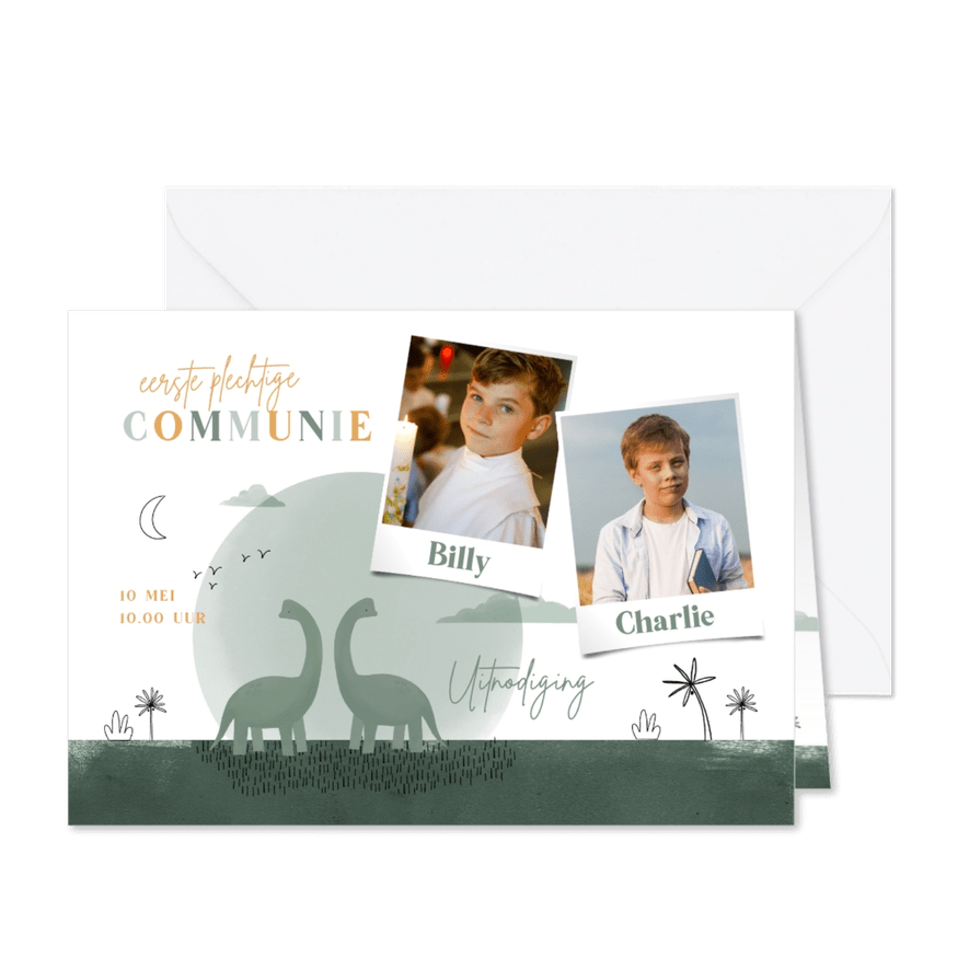 Communie tweeling oker en groen dino jungle twee foto's - Kaartimpressie