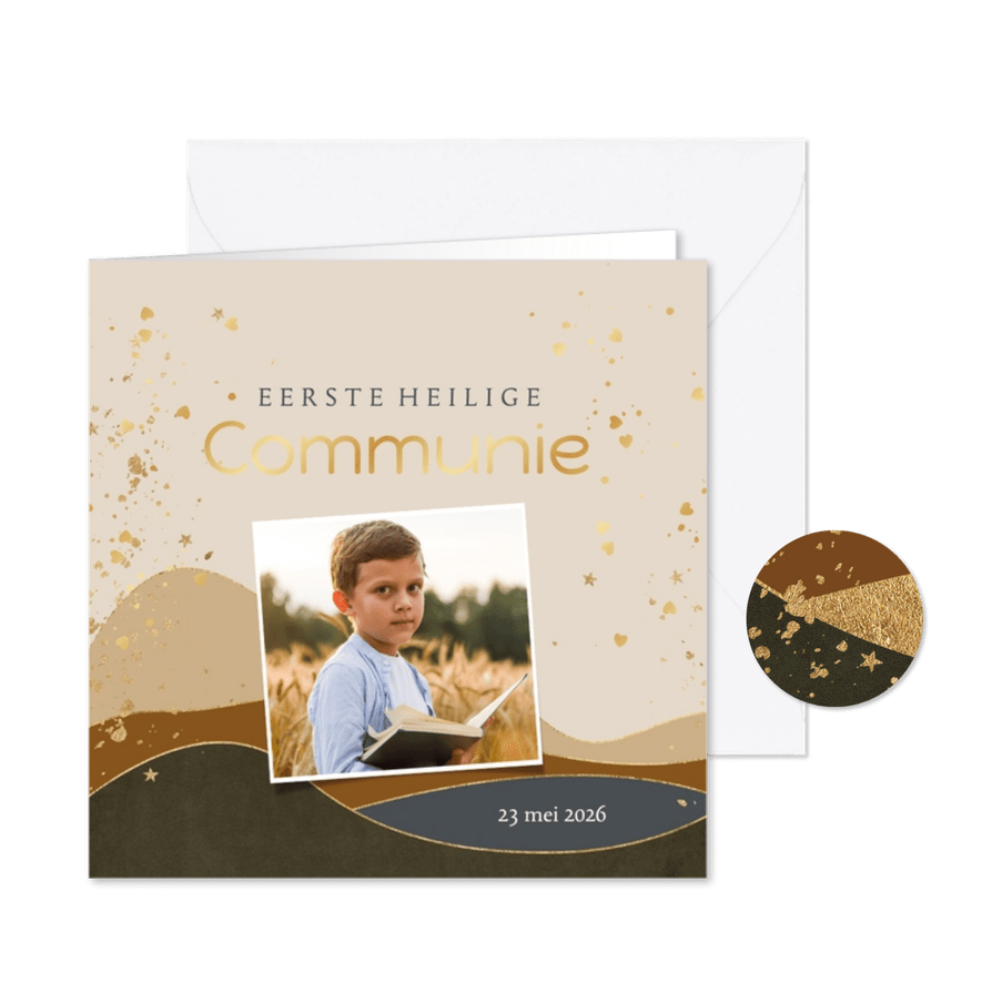 Communie uitnodiging bergen goudfolie maan foto - Kaartimpressie