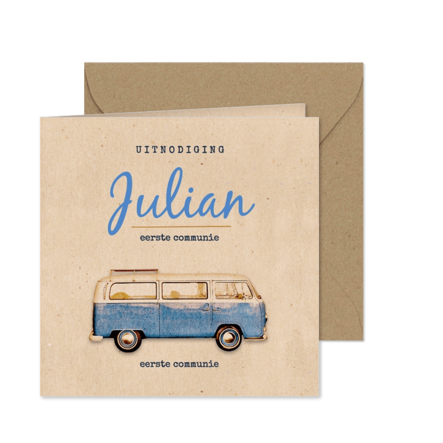 Communie uitnodiging blauw retro Volkswagen busje - Kaartimpressie