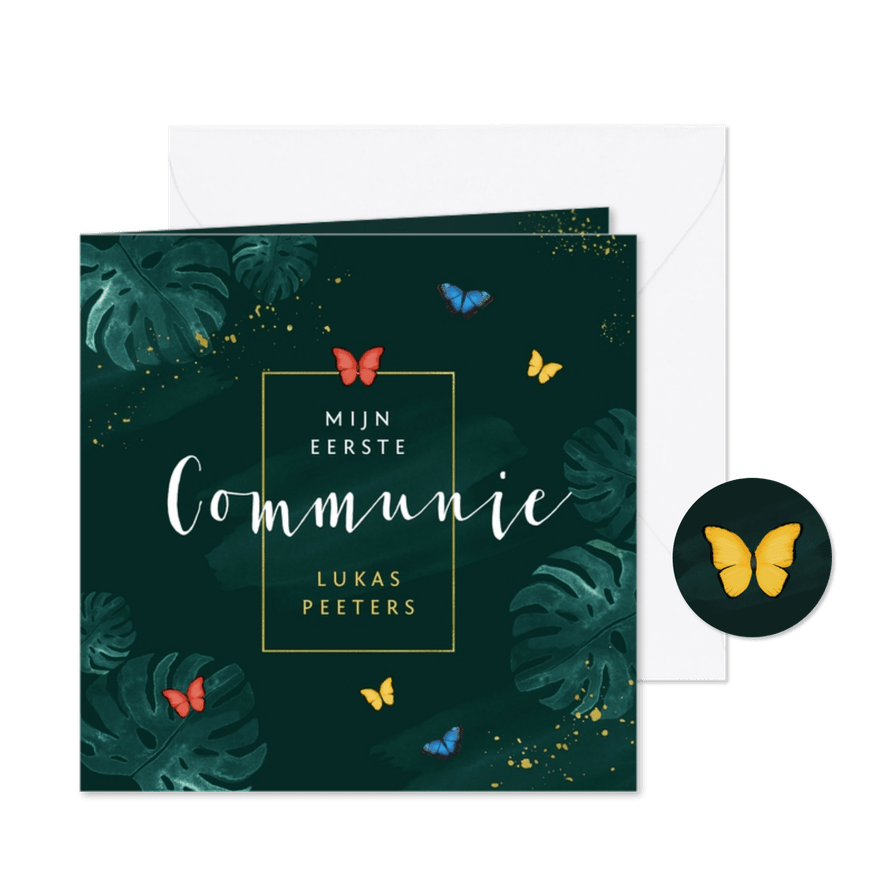 Communie uitnodiging botanisch stijlvol vlinders groen - Kaartimpressie