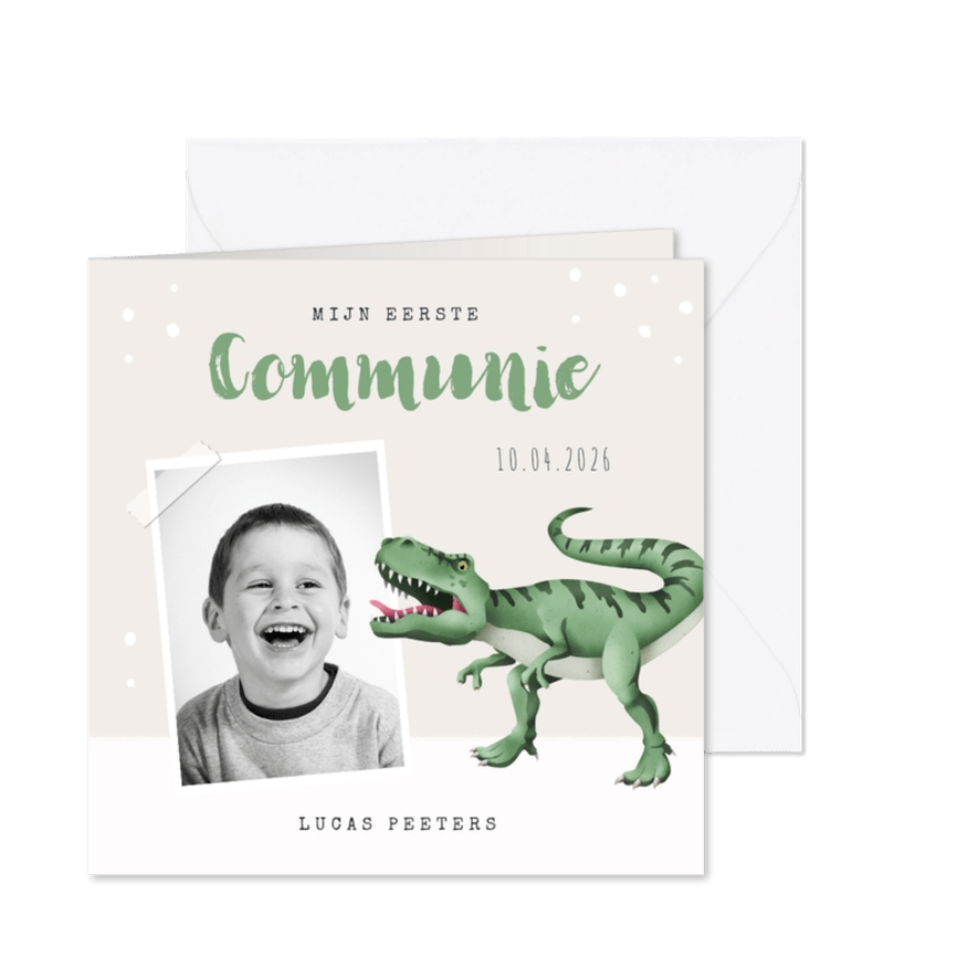 Communie uitnodiging dino t-rex foto - Kaartimpressie