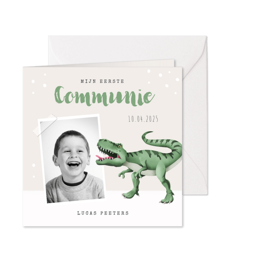 Communie uitnodiging dino t-rex foto - Kaartimpressie