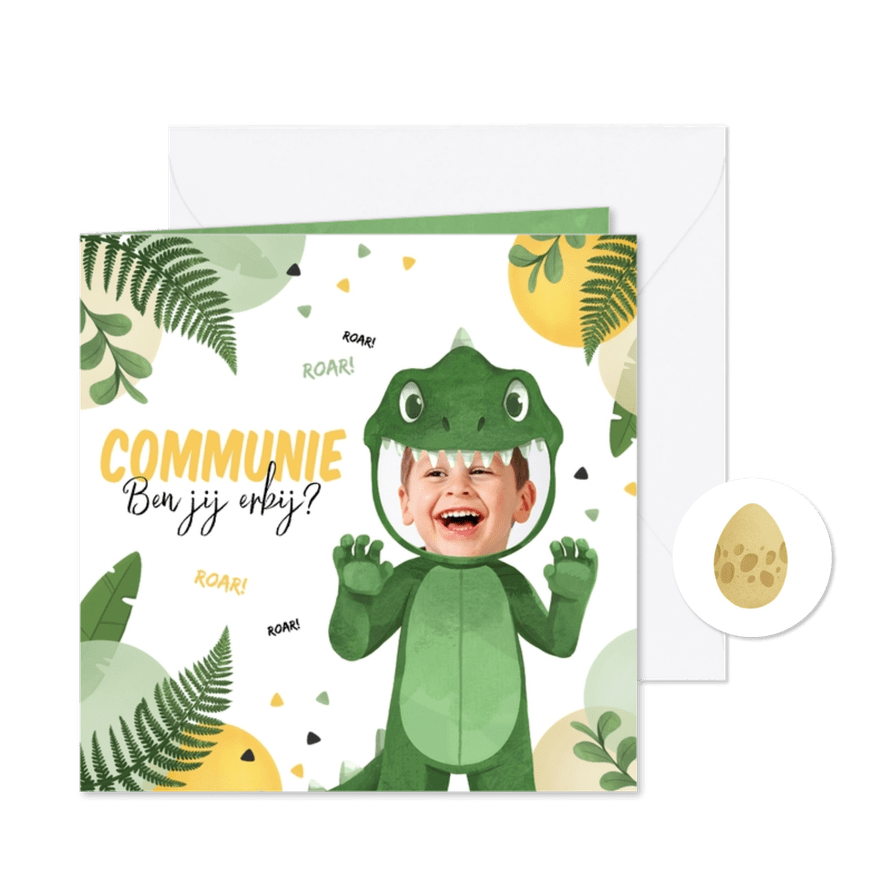 Communie uitnodiging dinosaurus kostuum stoer jungle - Kaartimpressie