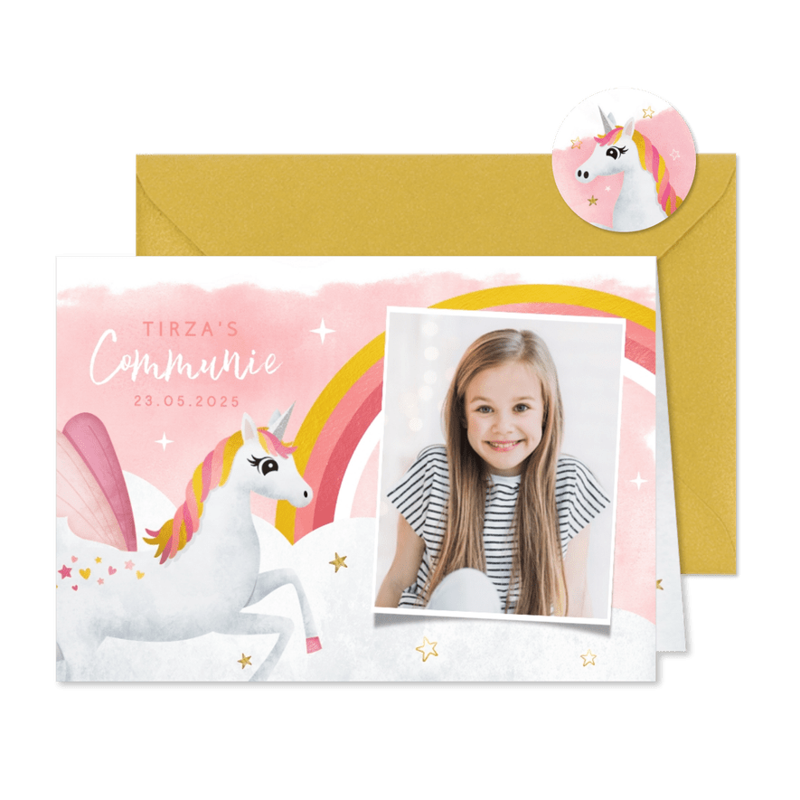 Communie uitnodiging eenhoorn met regenboog waterverf - Kaartimpressie