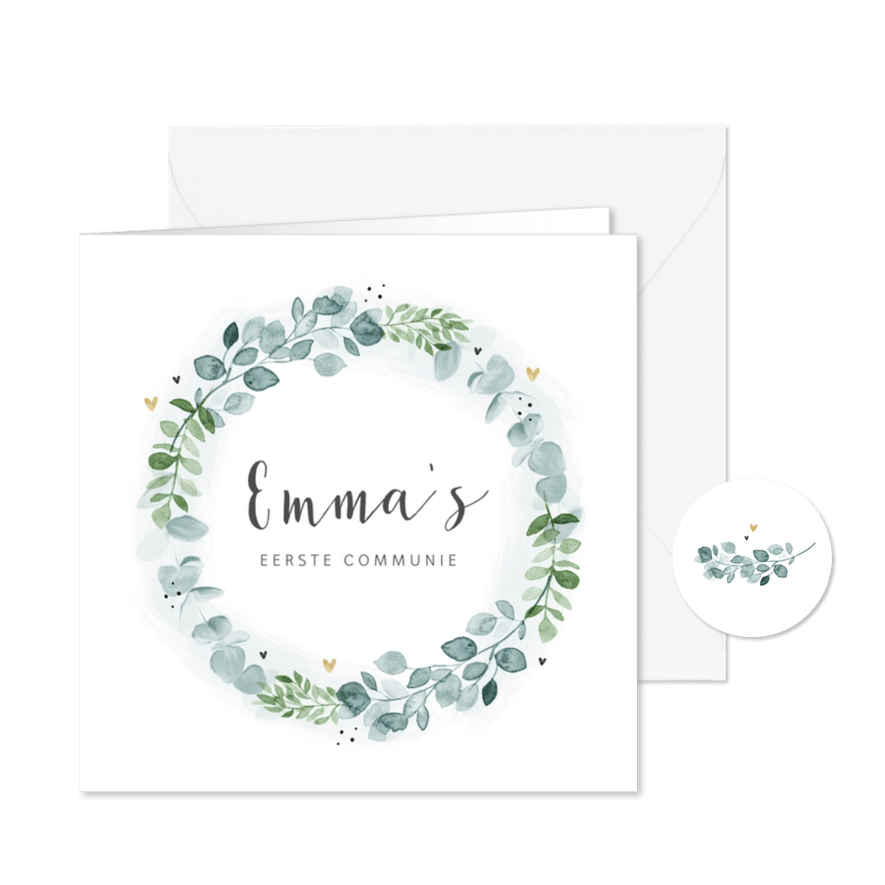 Communie uitnodiging eucalyptus krans gouden hartjes - Kaartimpressie