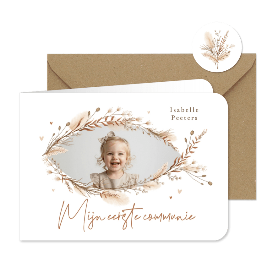 Communie uitnodiging foto ichthus bohemian gedroogde takjes - Kaartimpressie