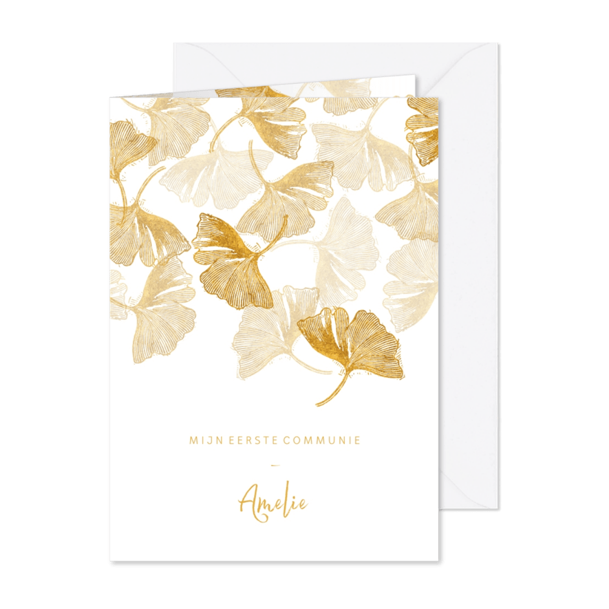 Communie uitnodiging ginkgoblad stempel foto binnen - Kaartimpressie