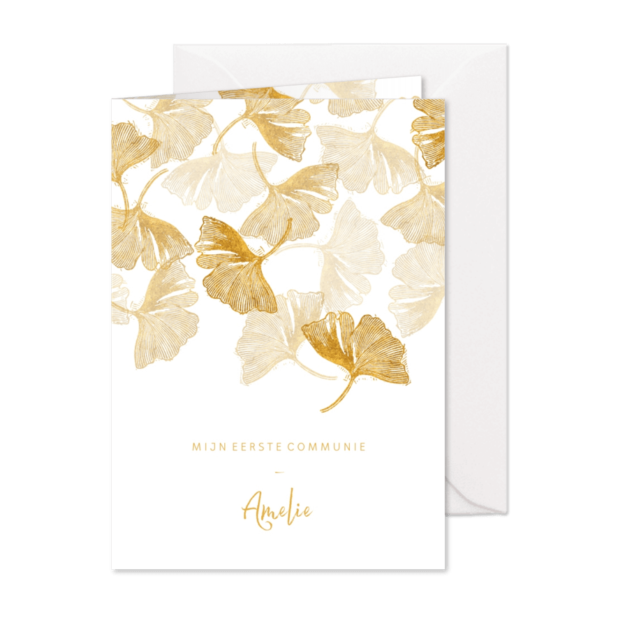 Communie uitnodiging ginkgoblad stempel foto binnen - Kaartimpressie