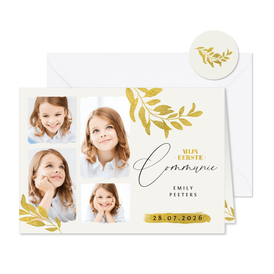 Communie uitnodiging goud blad verf fotocollage - Kaartimpressie