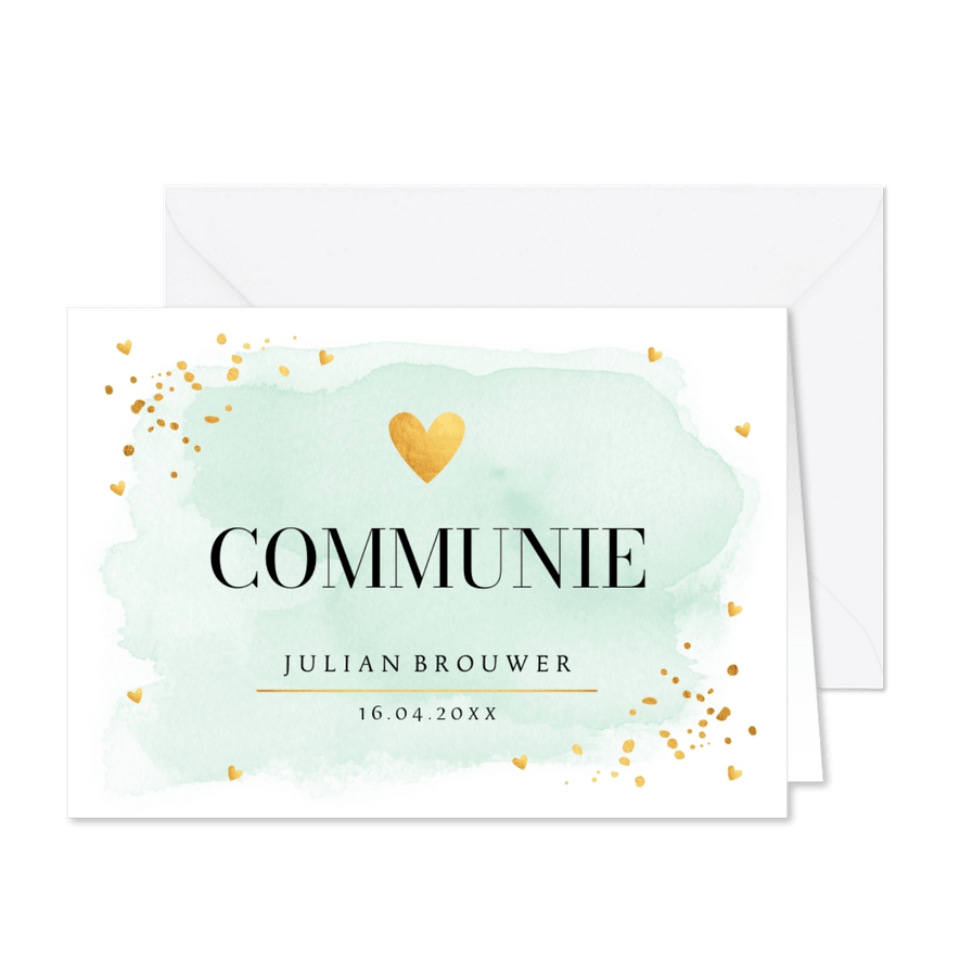 Communie uitnodiging groen watercolour hartje goud jongen - Kaartimpressie