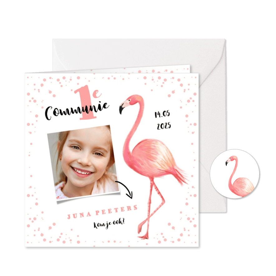 Communie uitnodiging hip flamingo foto - Kaartimpressie