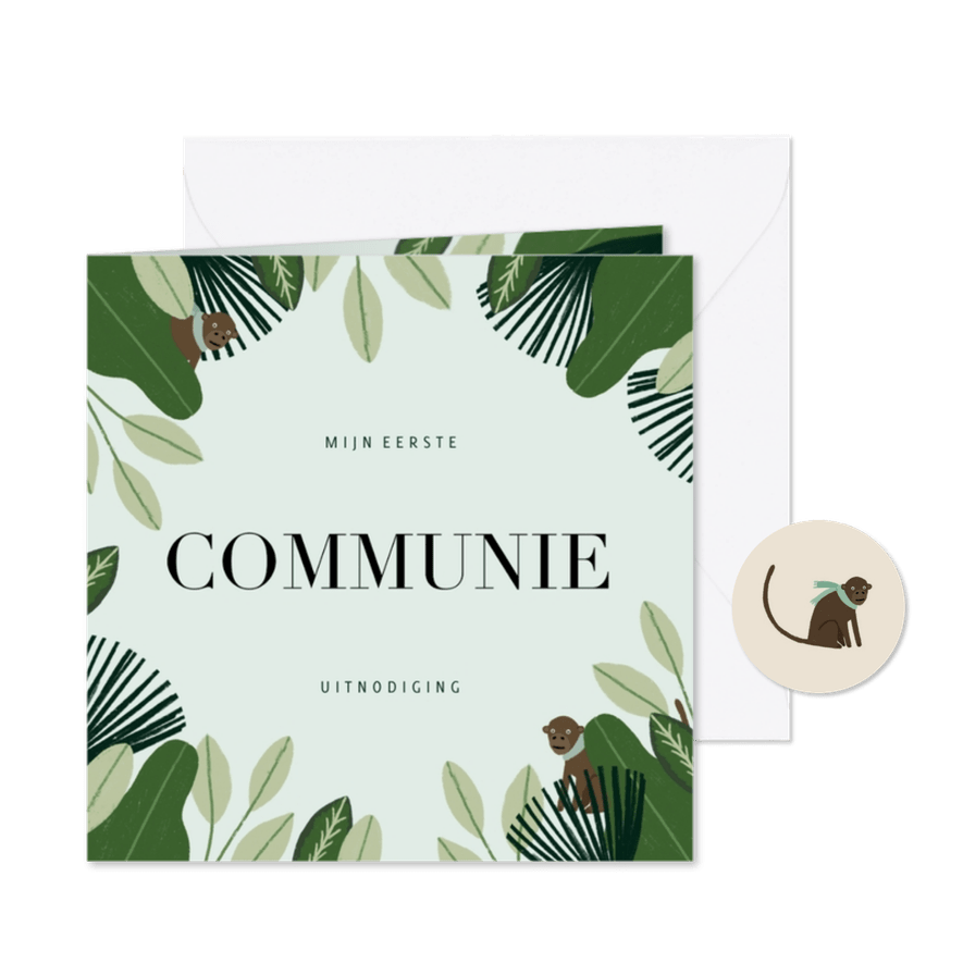 Communie uitnodiging hip met jungle planten en aapjes - Kaartimpressie
