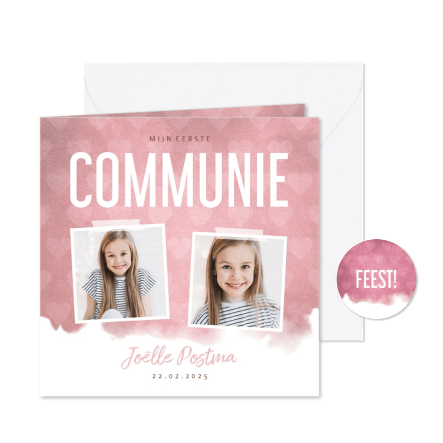 Communie uitnodiging hip waterverf roze met hartjes - Kaartimpressie