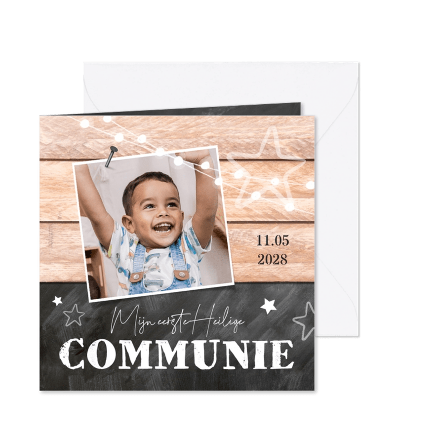 Communie uitnodiging hout sterren stoer foto slinger - Kaartimpressie