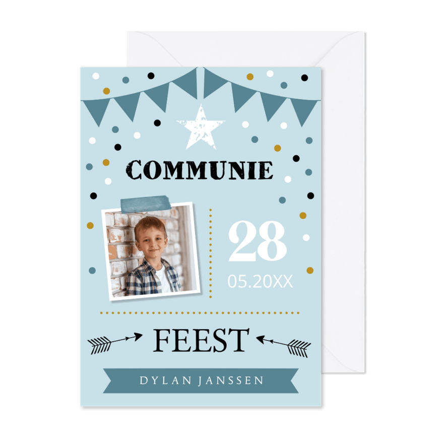 Communie uitnodiging jongen blauw foto slinger typografie - Kaartimpressie
