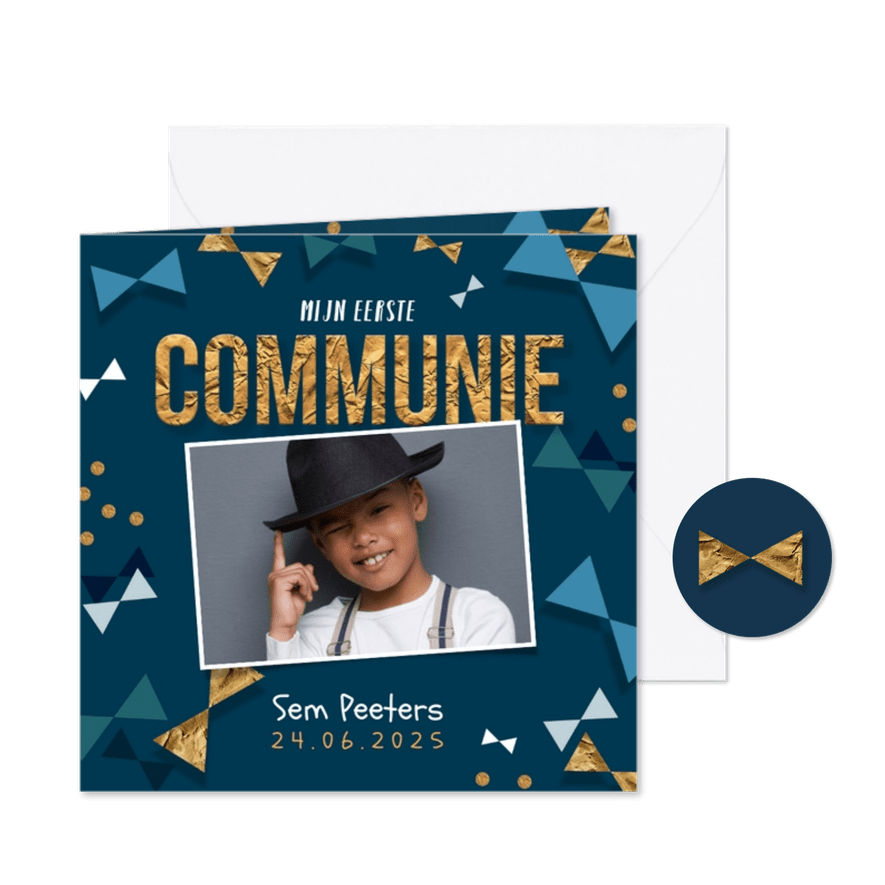 Communie uitnodiging jongen confetti strikjes goud - Kaartimpressie