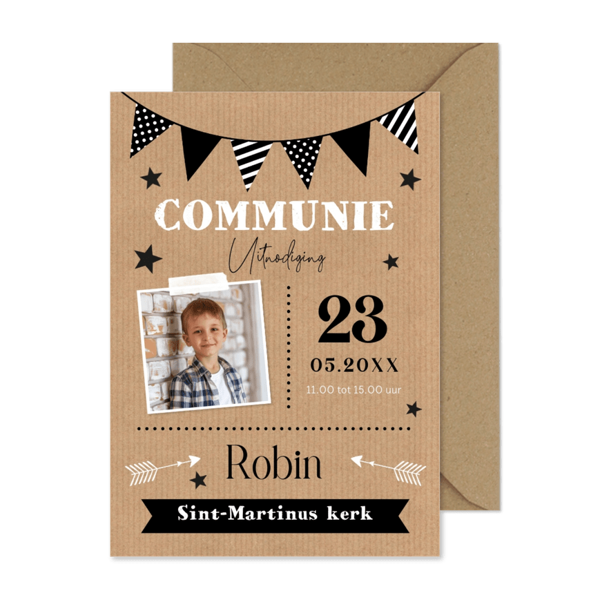 Communie uitnodiging jongen foto kraft bruin typografie - Kaartimpressie