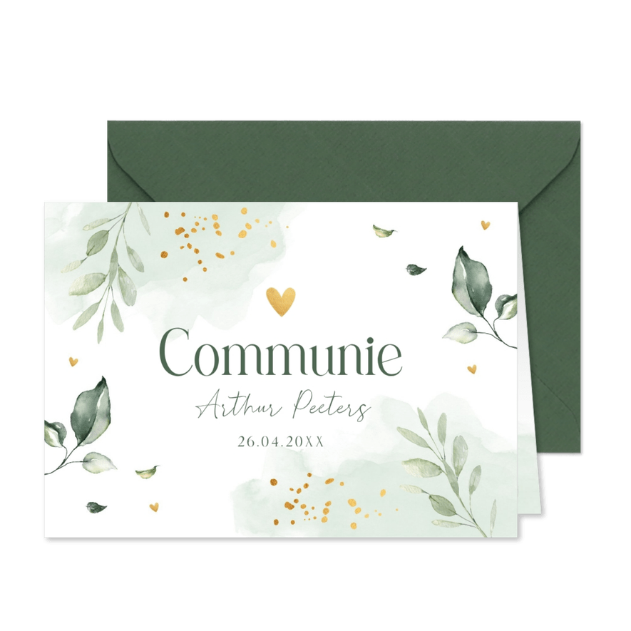 Communie uitnodiging jongen groen watercolour blaadjes - Kaartimpressie
