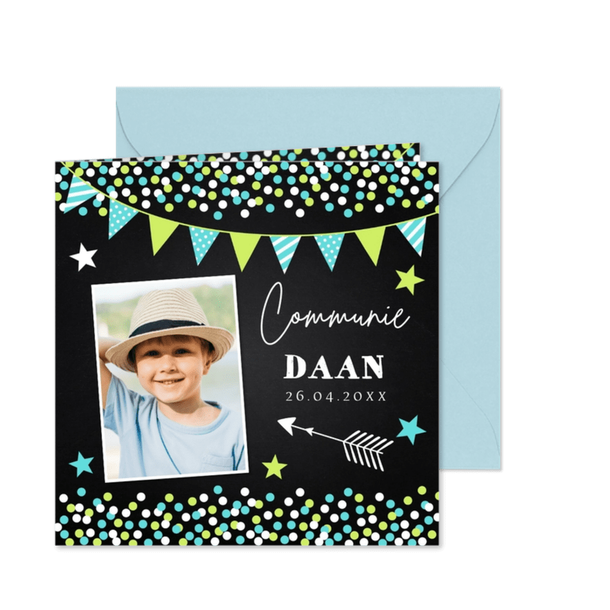 Communie uitnodiging jongen met foto confetti slinger groen - Kaartimpressie