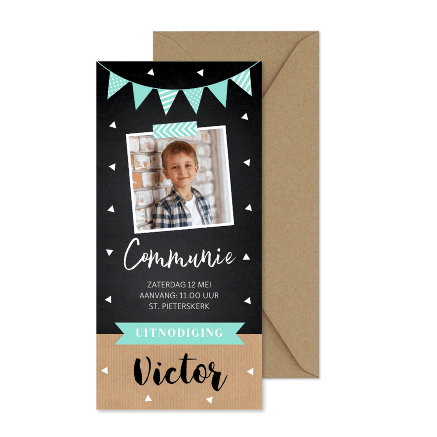 Communie uitnodiging jongen met foto langwerpig slinger - Kaartimpressie