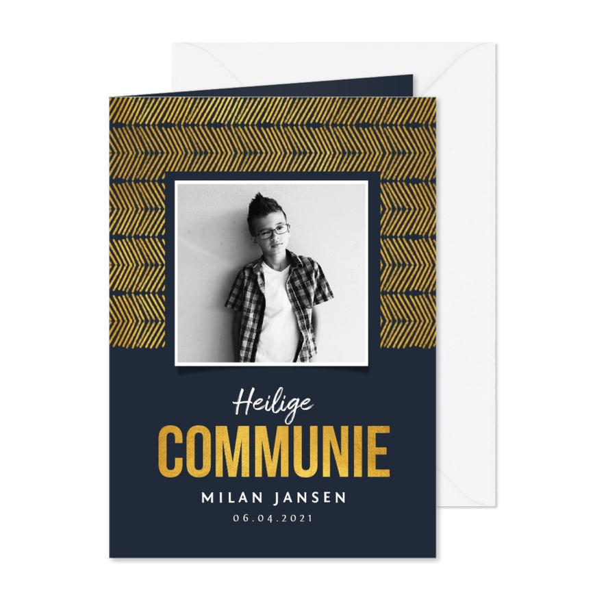 Communie uitnodiging jongen stijlvol goud foto - Kaartimpressie