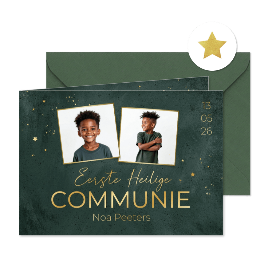 Communie uitnodiging jongen stijlvol groen goud sterren foto - Kaartimpressie