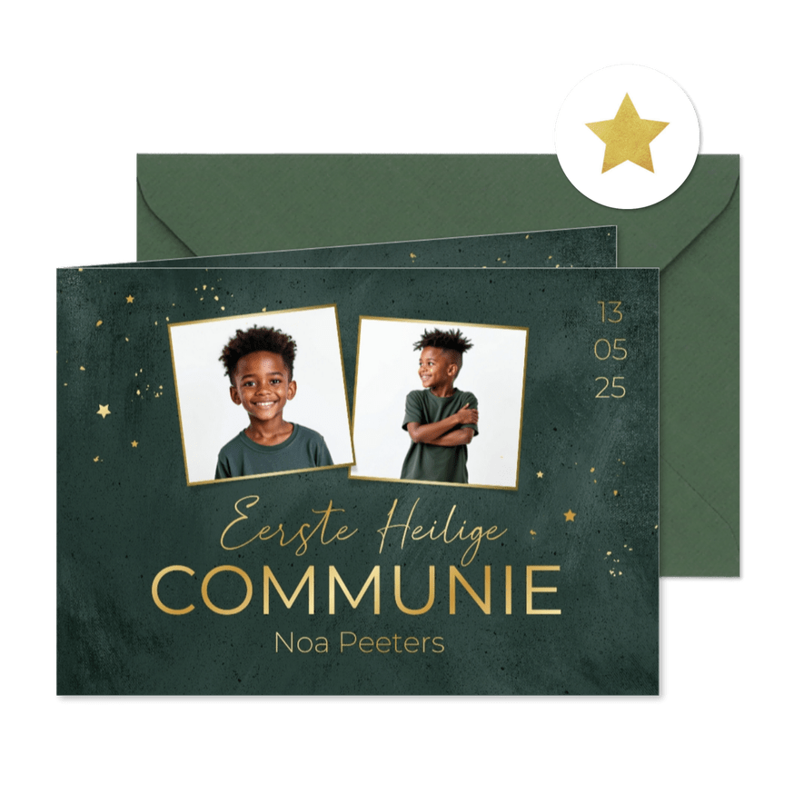 Communie uitnodiging jongen stijlvol groen goud sterren foto - Kaartimpressie